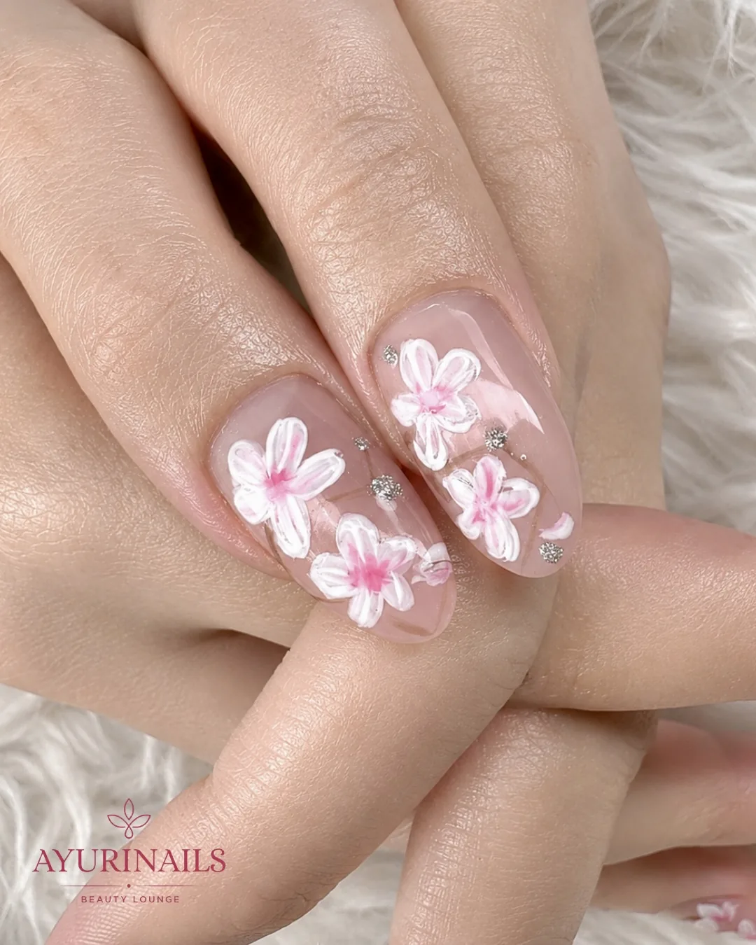 hand-painted pink and white floral nail art on short square sheer nails, AyuriNails Beauty Lounge Poblacion Makati
